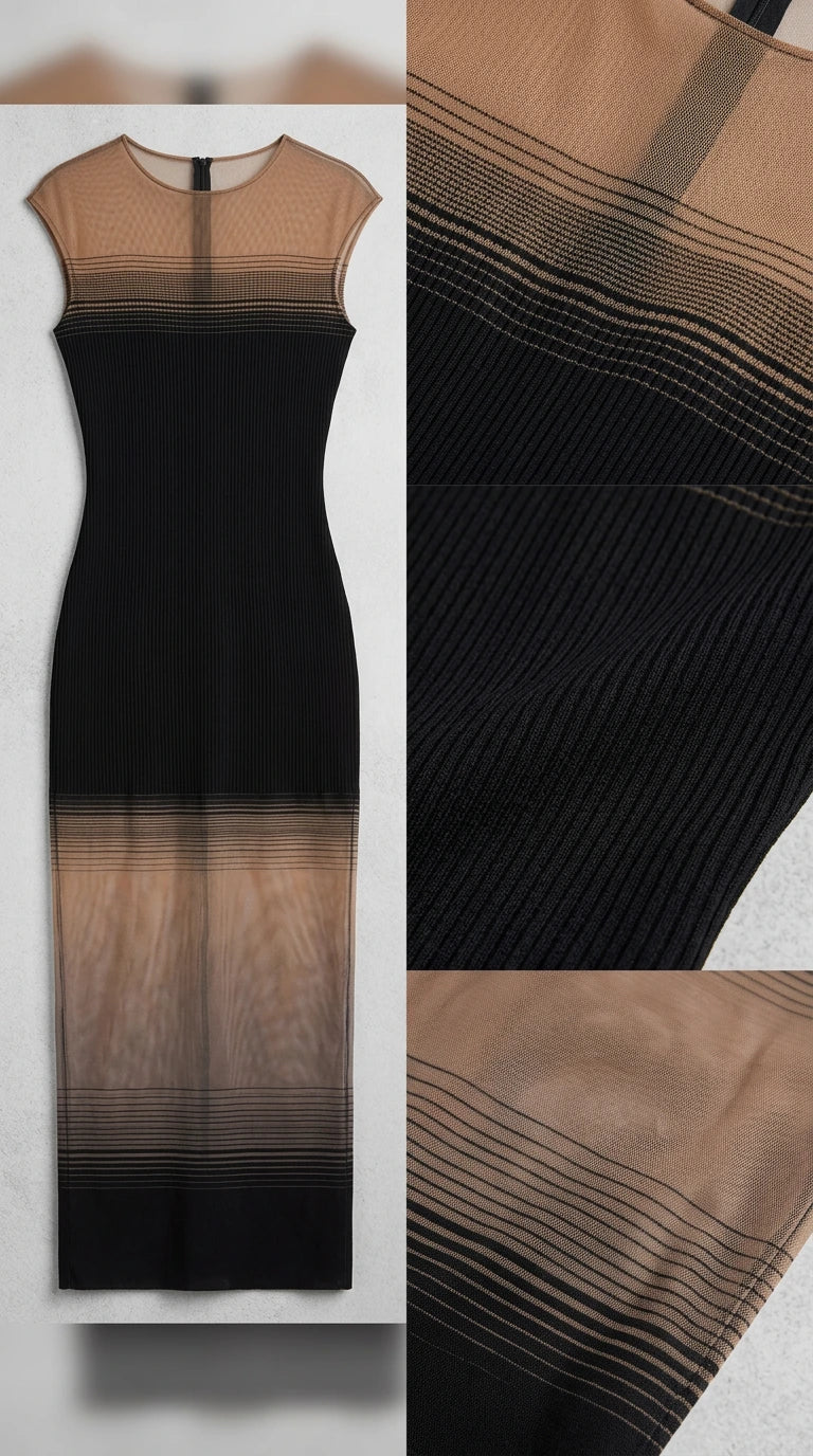 Flat lay and close-up texture of black ribbed knit and sheer gradient panels