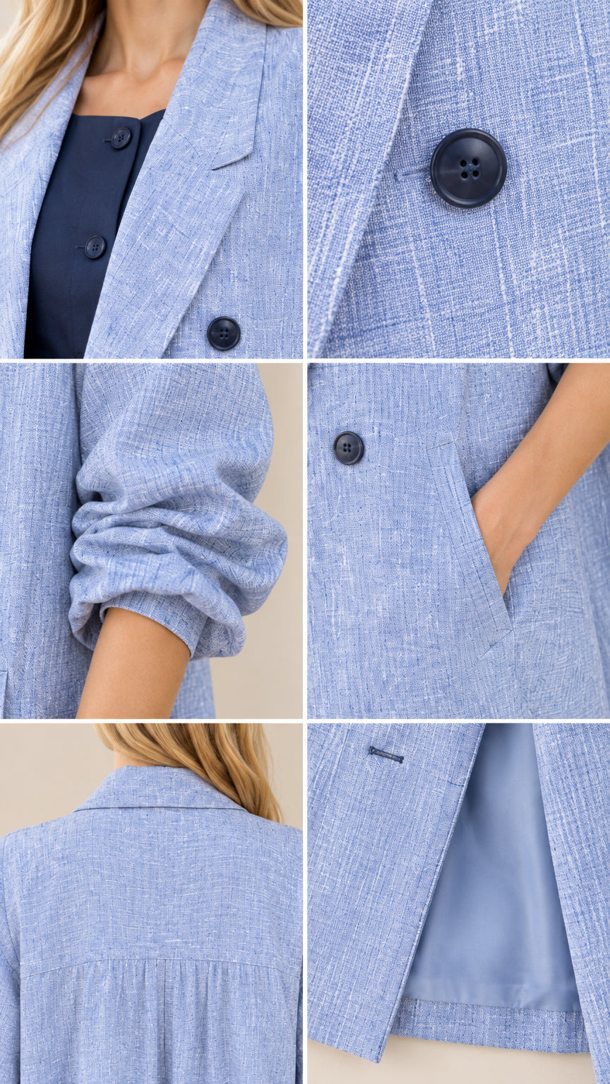 Close-up details of textured fabric, buttons, pocket, and lapel on light blue duster