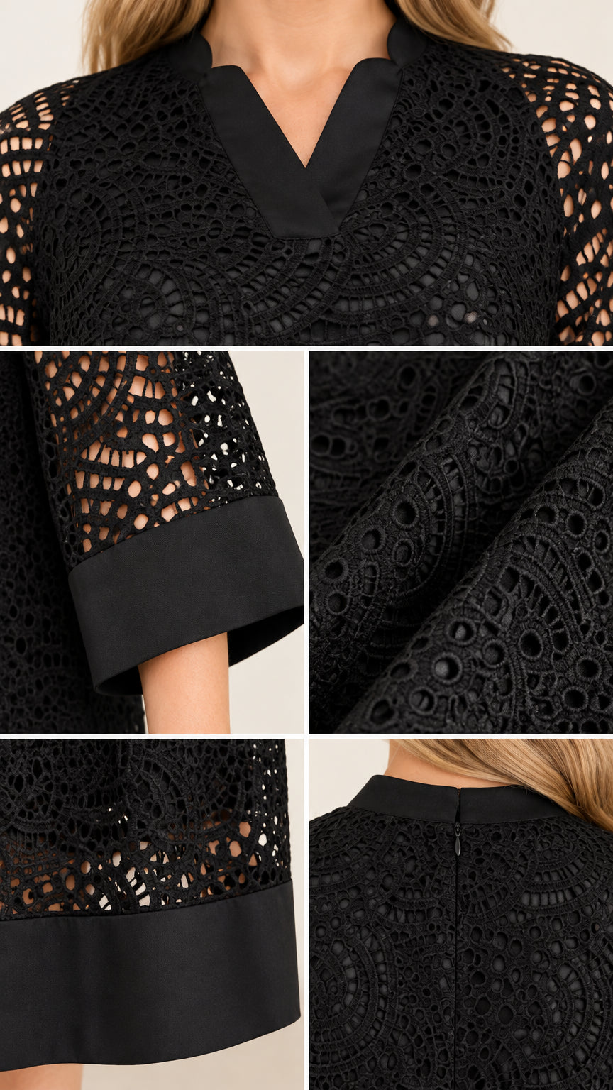 Close-up details of black lace dress showing neckline, cuff, hem, and zipper