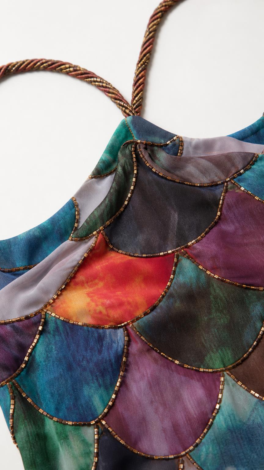 Close-up detail of the sequin scallop patchwork and braided straps