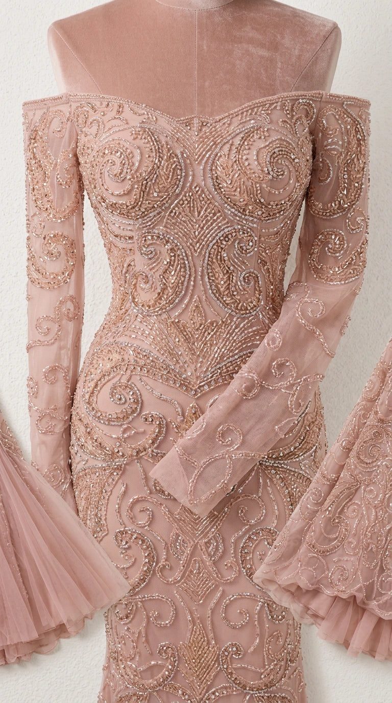 Close-up detail of intricate beading and mesh fabric on dusty rose evening dress