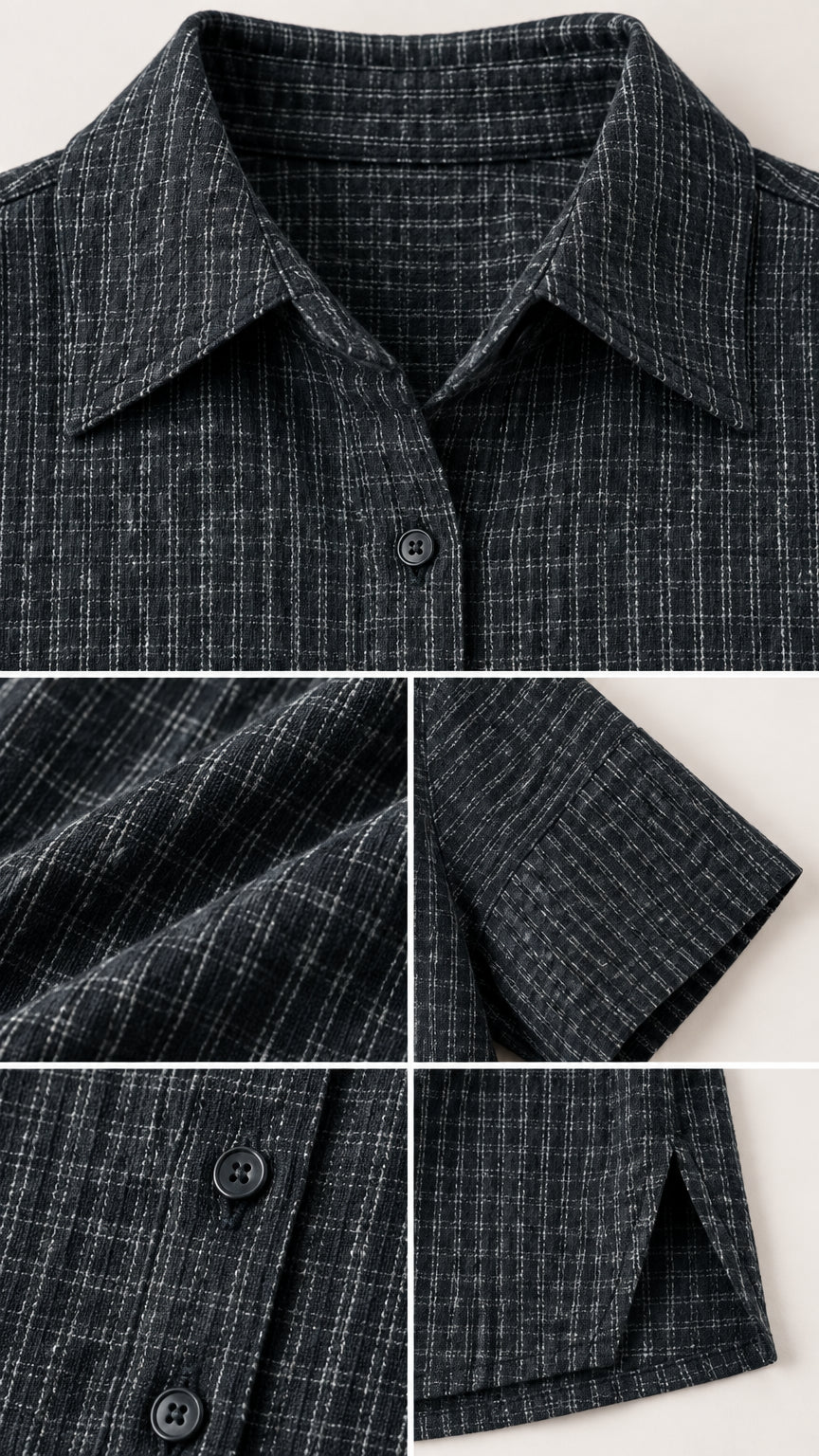Close-up details of collar, buttons, woven texture, and side split hem on shirt