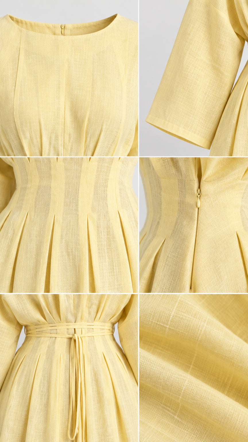 Close-up details of neckline, sleeve hem, waist pleats, zipper, and fabric texture