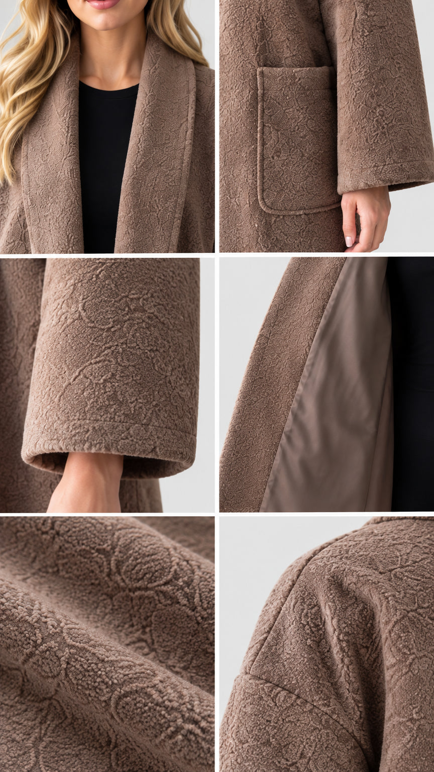 Close-up details of collar, pockets, lining, and textured swirl pattern on coat