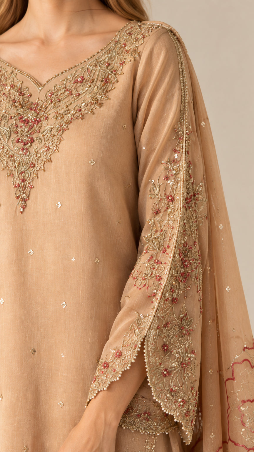 Close-up of intricate gold and floral embroidery on neckline and sleeve cuff
