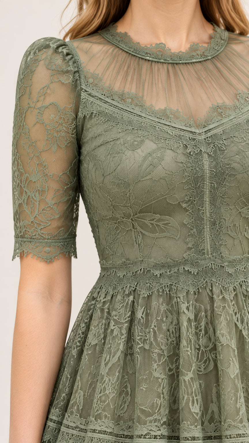 Close-up of sheer illusion neckline and floral lace bodice details