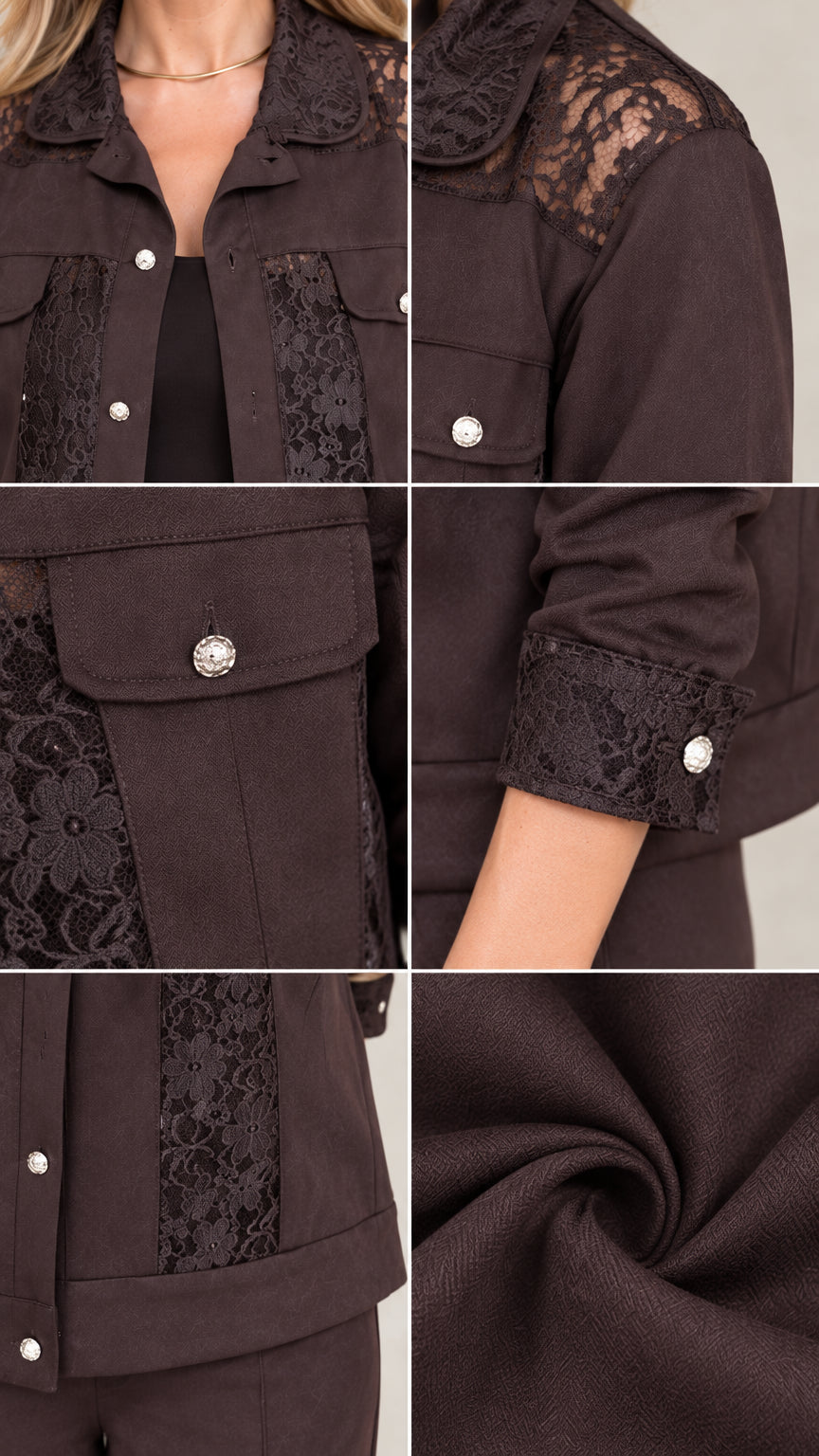 Detailed close-up collage of lace yoke, decorative buttons, cuff accents, and fabric texture