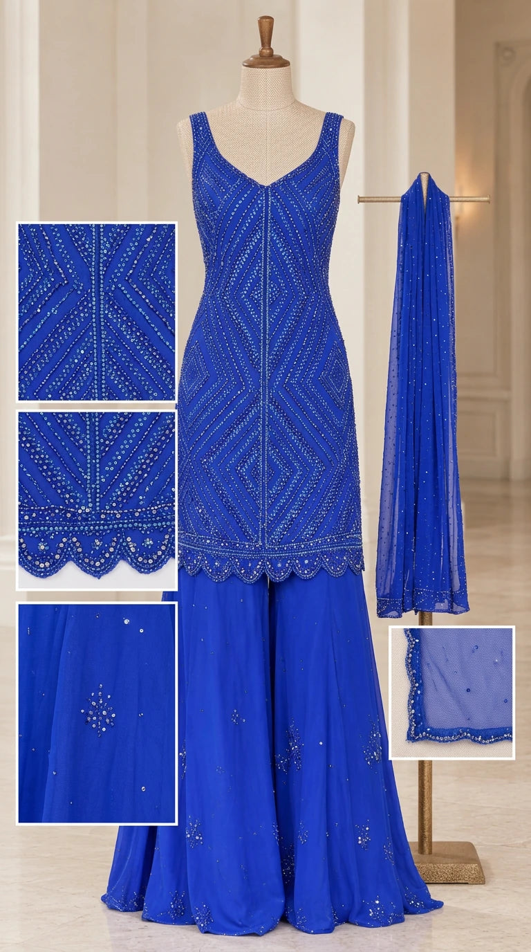 Mannequin display and close-up detail of Royal Blue geometric beadwork, scalloped hem, and dupatta