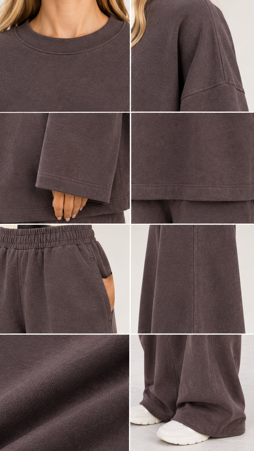 Close-up details of neckline, sleeve cuffs, elastic waistband, pockets, and soft fabric texture