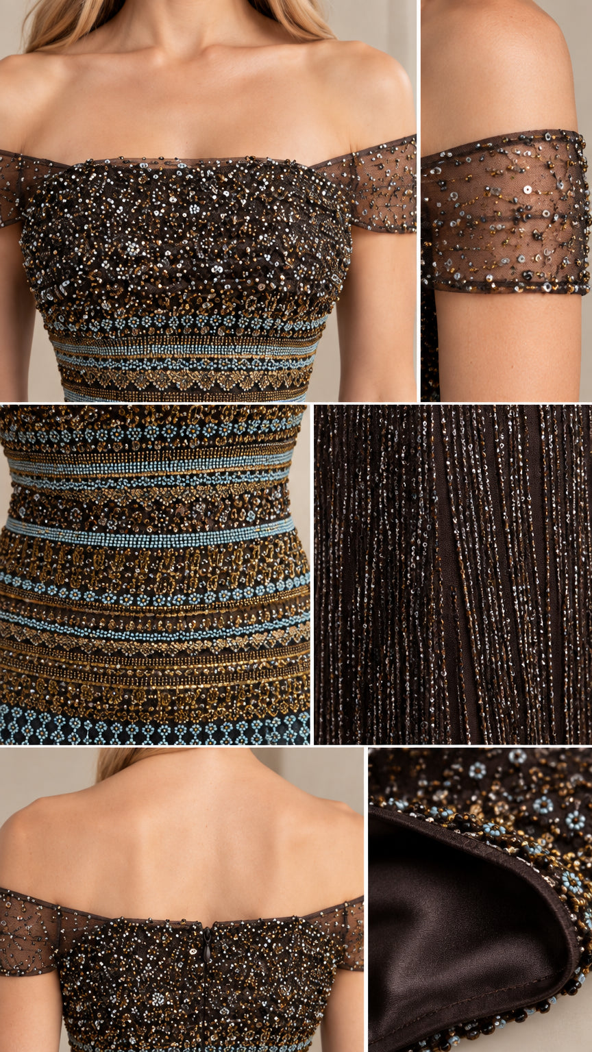 Close-up detail of neckline, beading, and fringe texture on evening gown