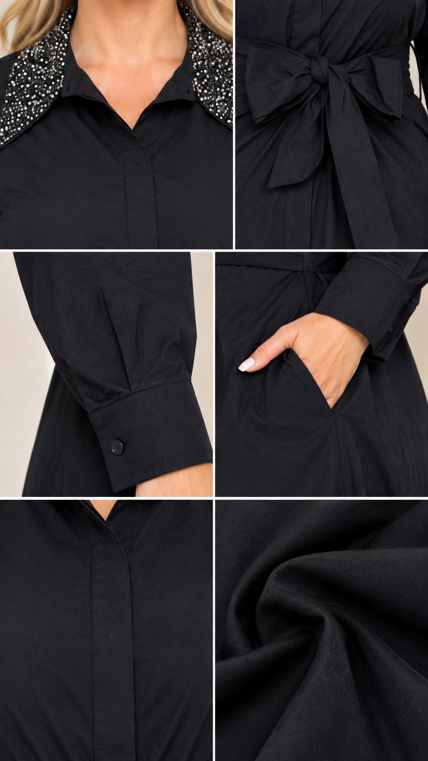 Close-up details of rhinestone collar, tie waist, cuff, pockets, and fabric texture