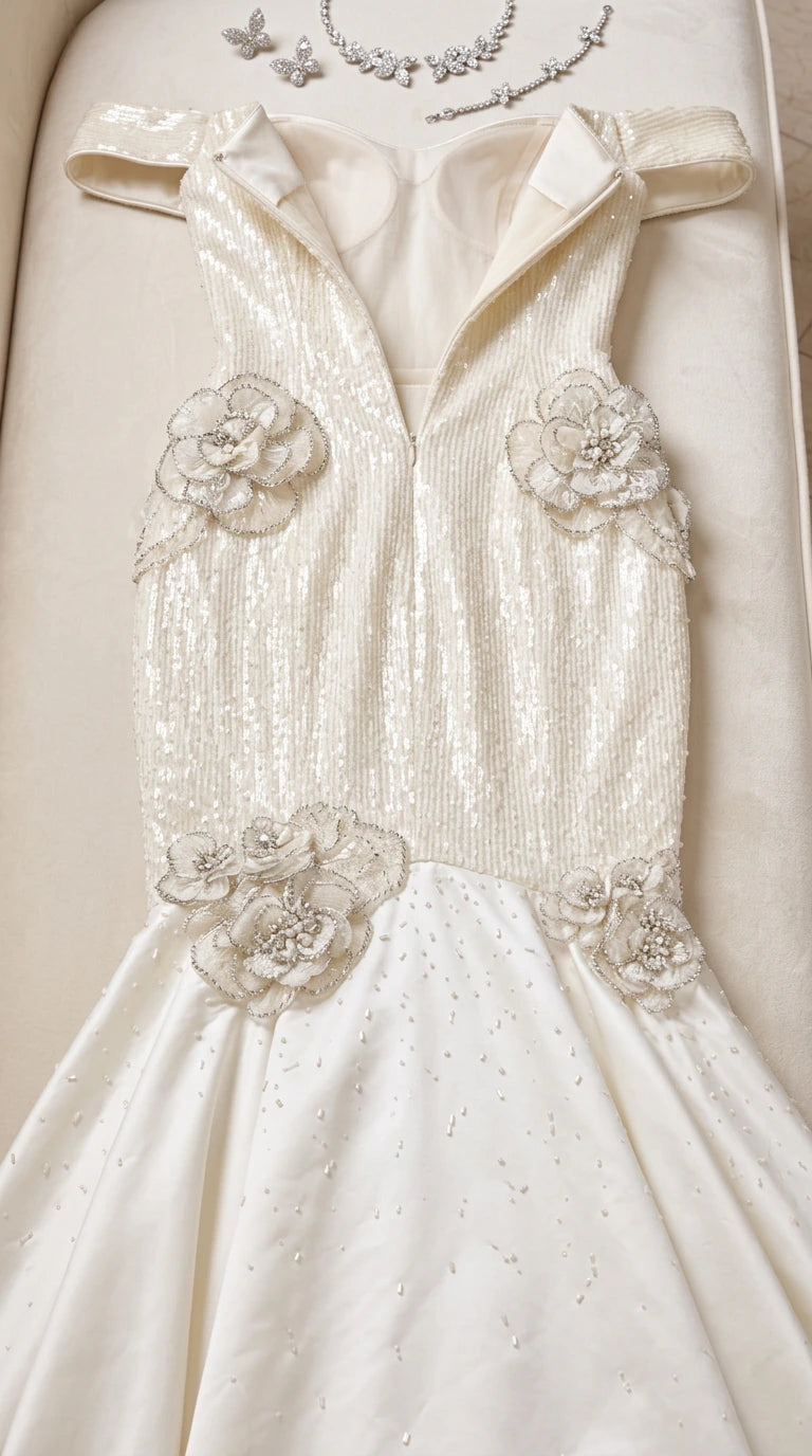 Close-up detail of sequin bodice and 3D rosette floral accents on gown