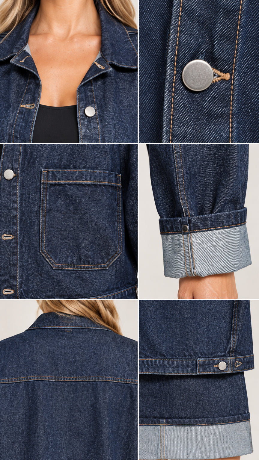 Detailed close-up views of collar, metal buttons, patch pocket, and contrast cuffs
