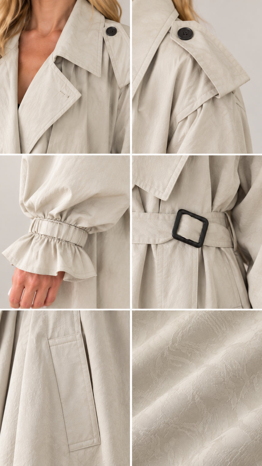 Detail collage showing lapel, buttoned epaulet, elastic ruffle cuff, belt buckle, and crinkle fabric texture
