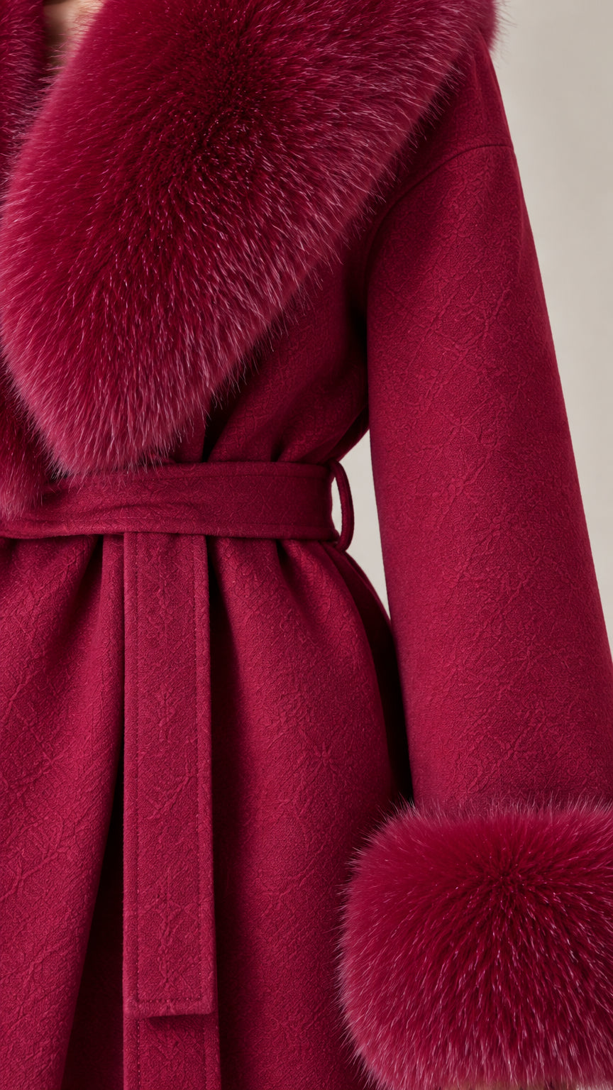 Close-up detail of plush fur-look shawl collar and waist belt on wine red coat