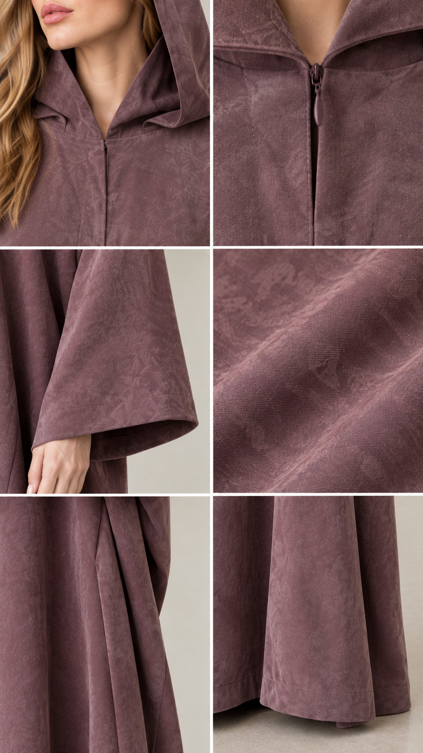 Close-up details of neckline zipper and textured fabric of hooded abaya