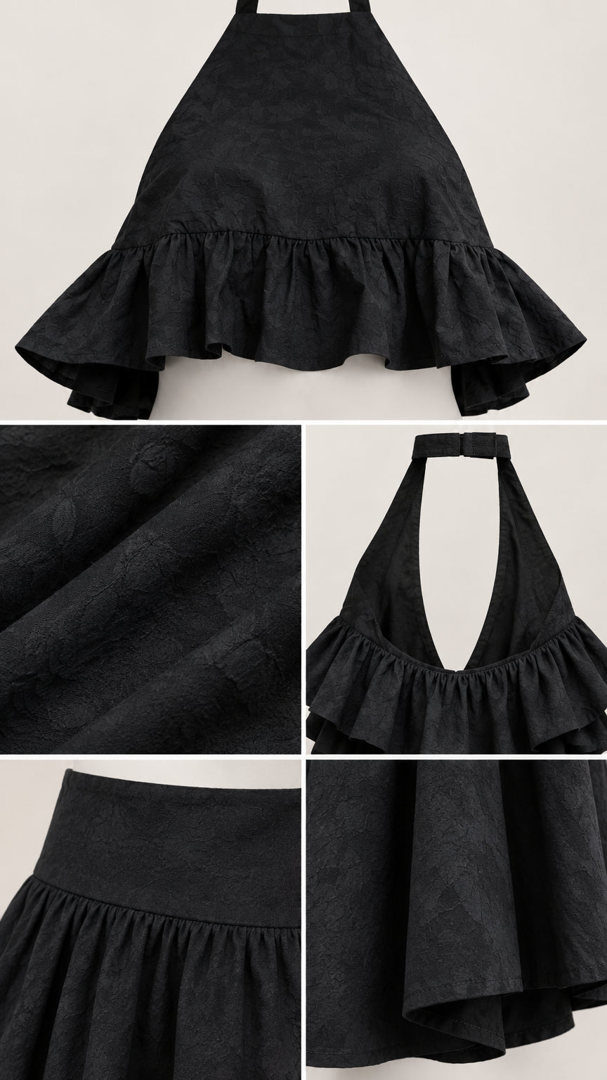 Detailed close-up collage of black halter top neckline, back strap, and textured fabric