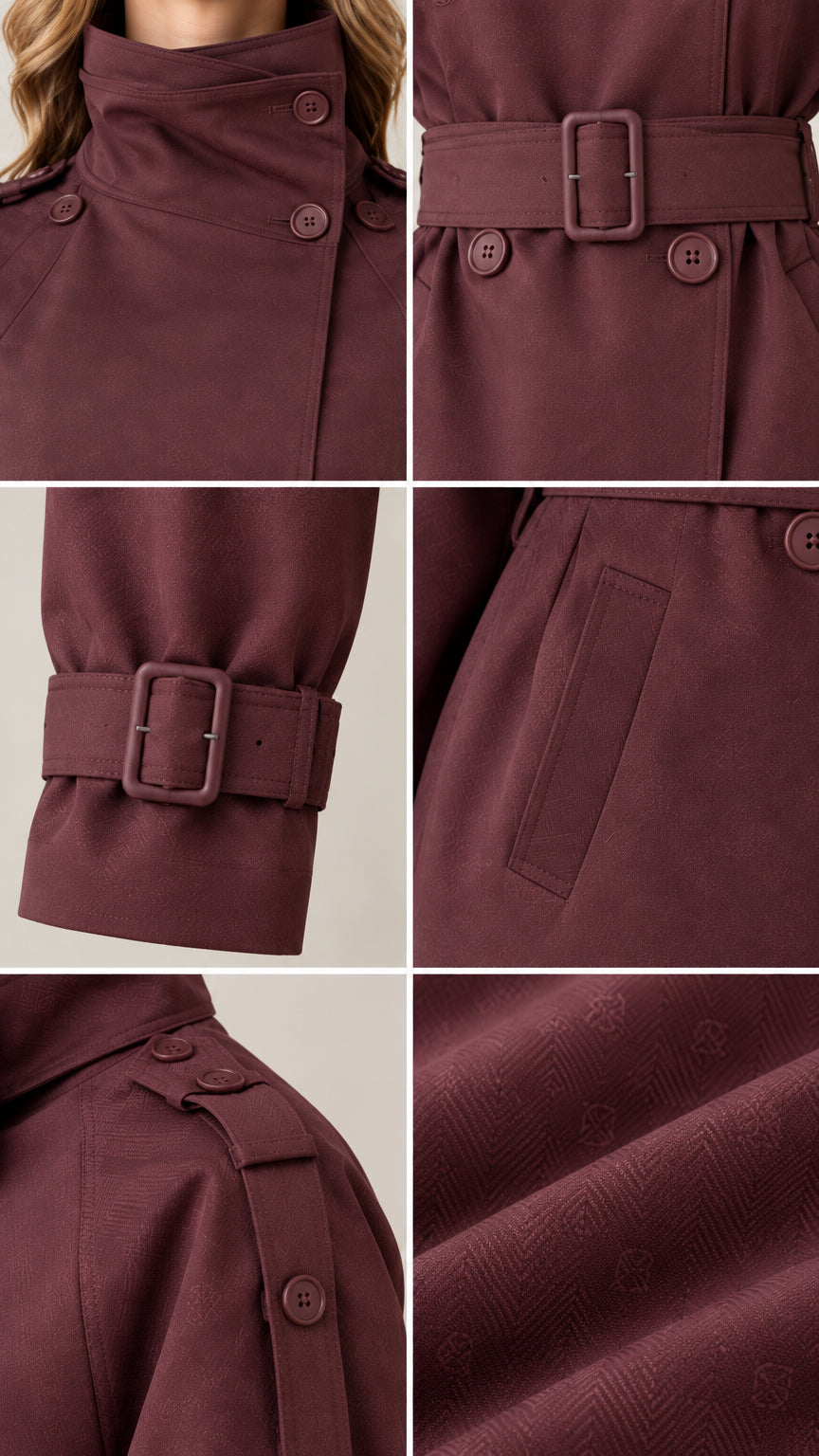 Detail view collage showing high button collar, belt buckle, cuff strap, pocket, and fabric texture