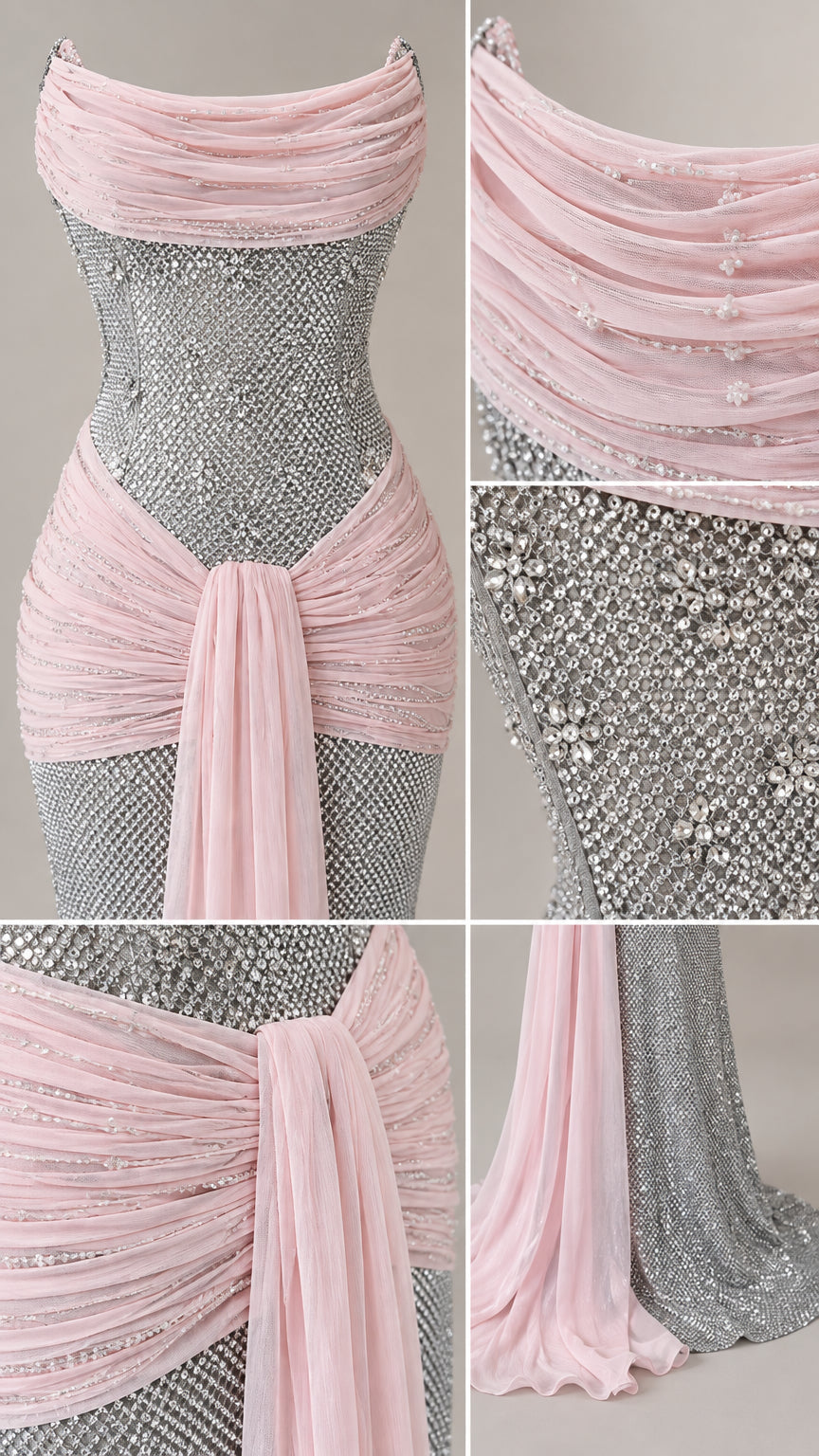 Close-up details of ruched chiffon neckline and rhinestone embellishments