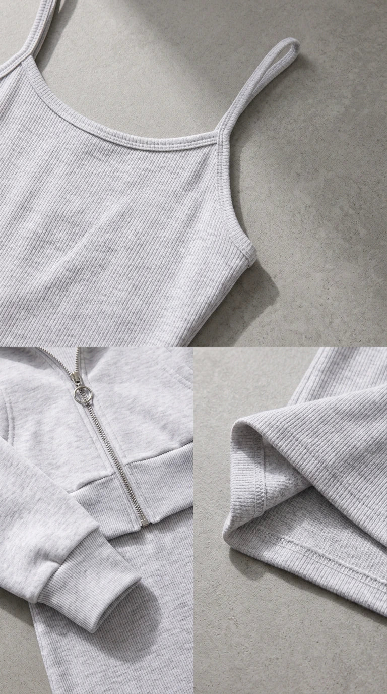 Close-up details of ribbed knit texture, spaghetti strap, and stitched hemline