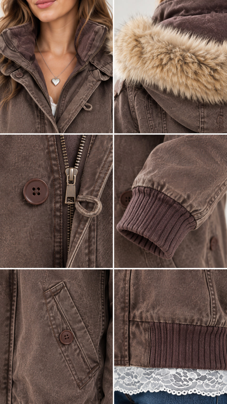 Close-up details of collar, faux fur hood, zip and button placket, ribbed cuffs, and pockets