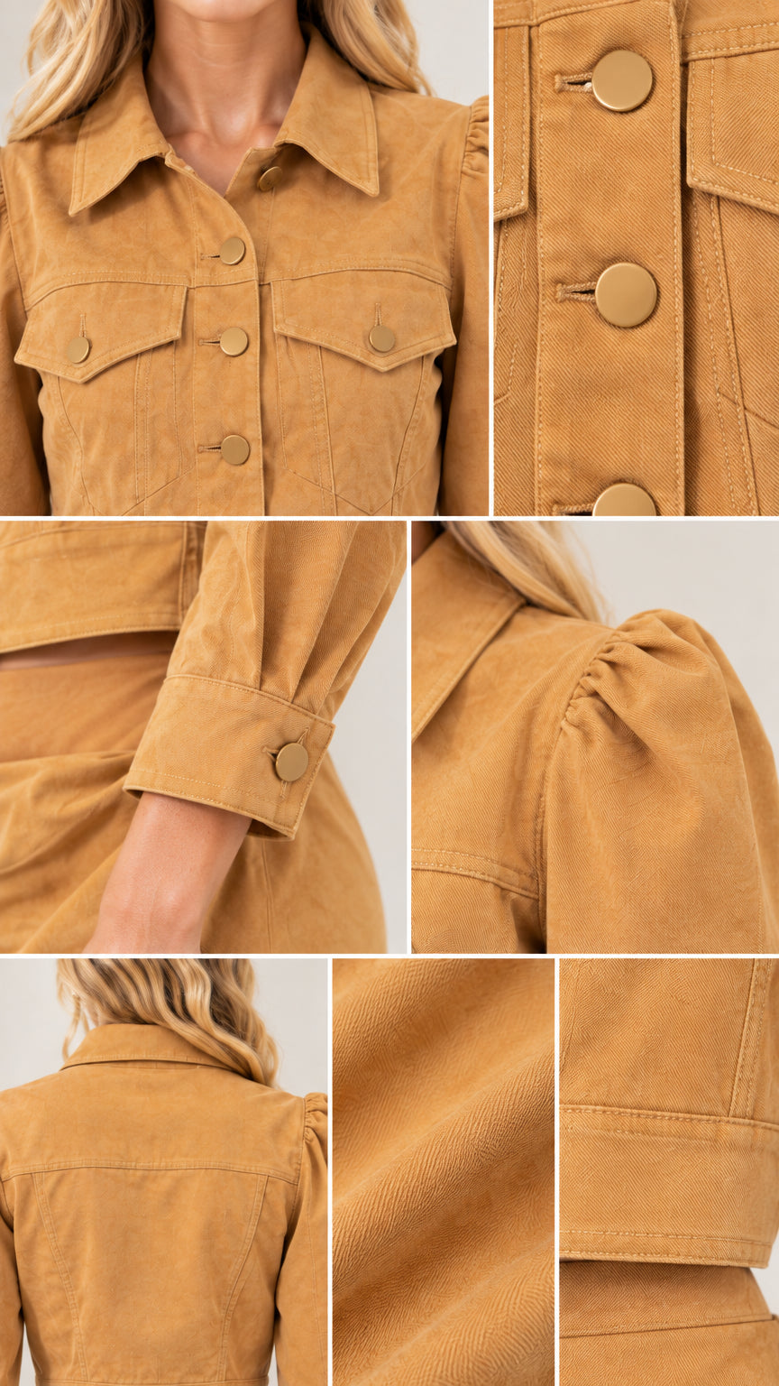 Close-up detail collage of Camel cropped jacket showing collar, buttons, cuffs, and fabric texture