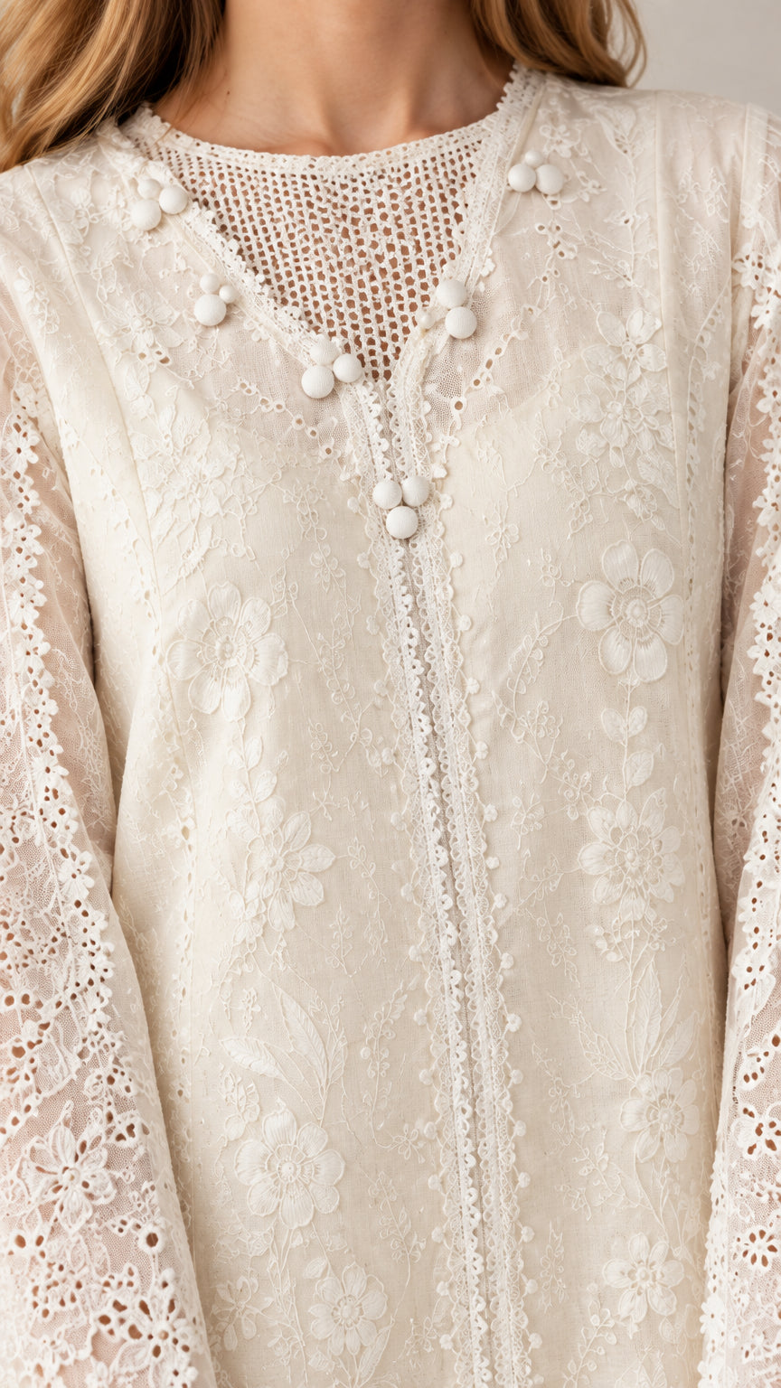 Close-up of decorative crochet neckline with button trim on cream lace dress