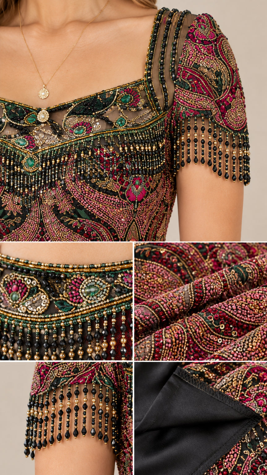 Close-up detail shots of ornate beadwork, fringe sleeve tassels, and smooth inner lining