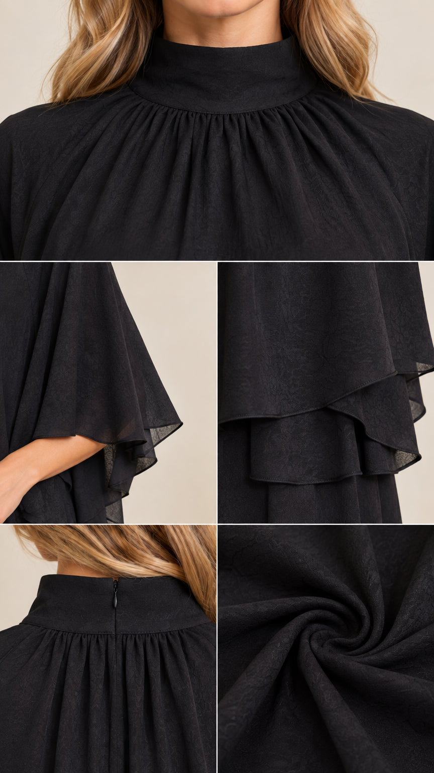 Close-up details of mock neckline, flutter cape sleeves, and textured fabric