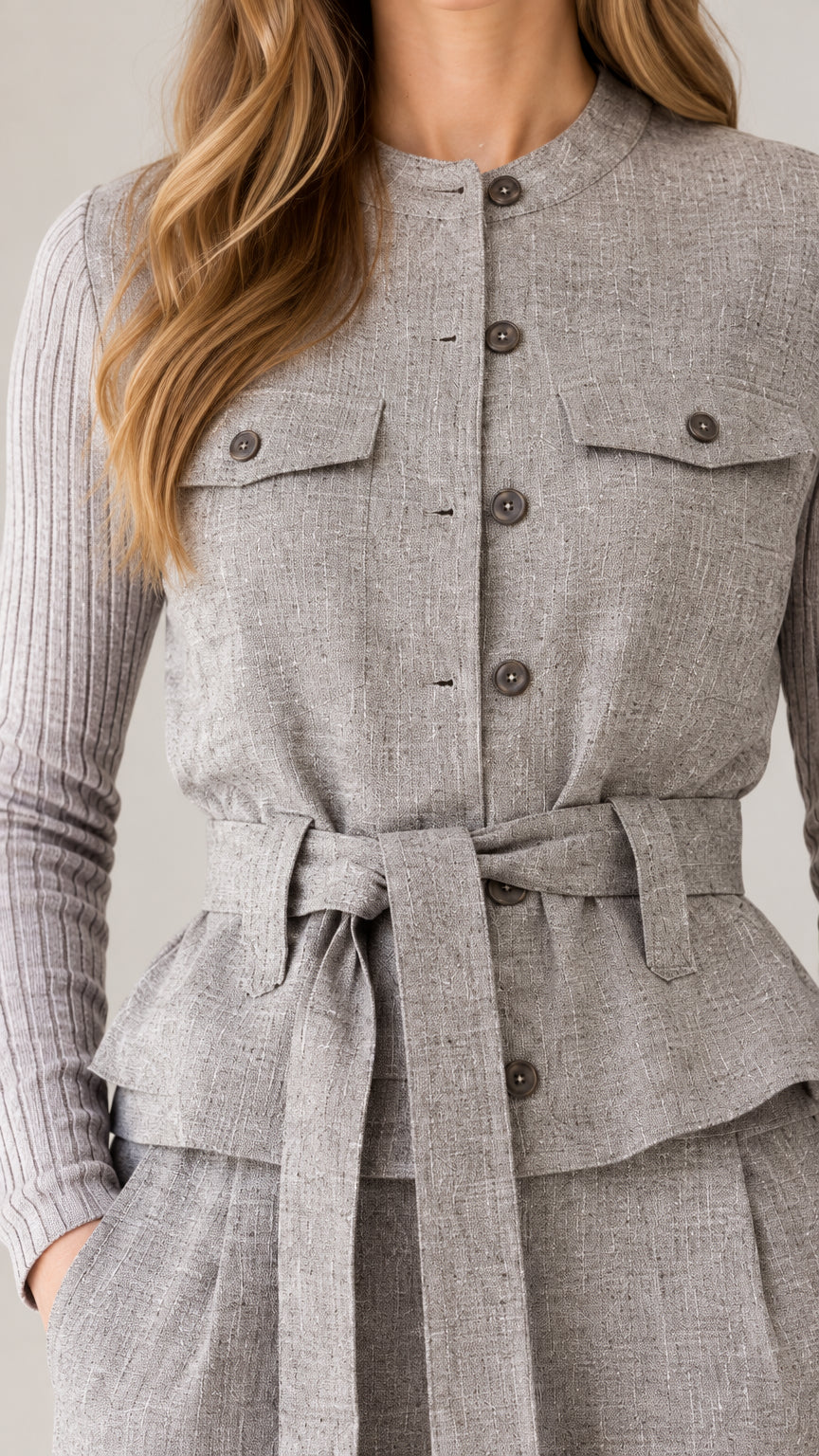 Close-up detail of Heather Grey jacket showing buttons, chest pockets, and ribbed sleeves