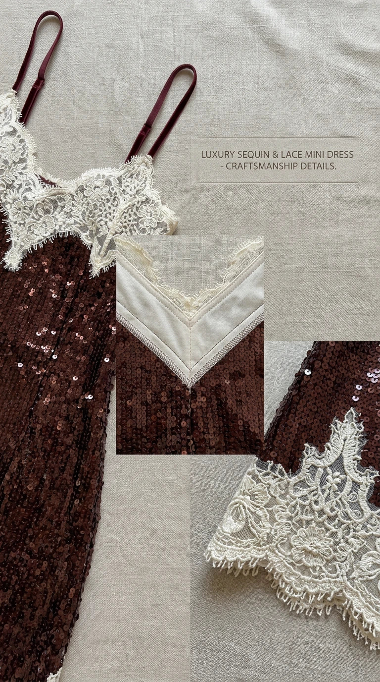 Close-up flat lay of sequin dress showing lace trim and lining craftsmanship details