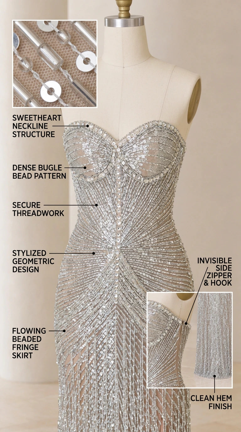 Close-up detail shot highlighting beadwork, sweetheart structure, and zipper