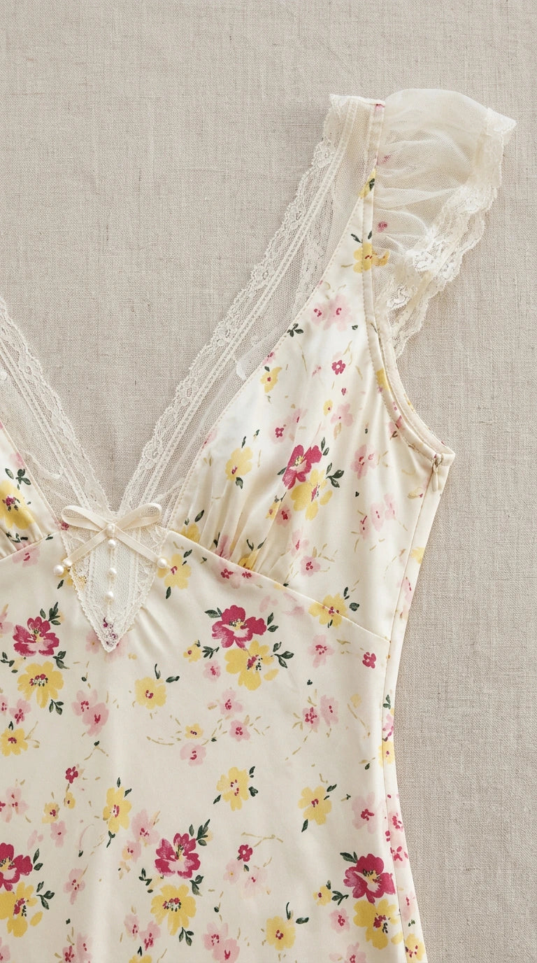 Close-up detail of lace V-neckline, bow, and floral print on cream dress