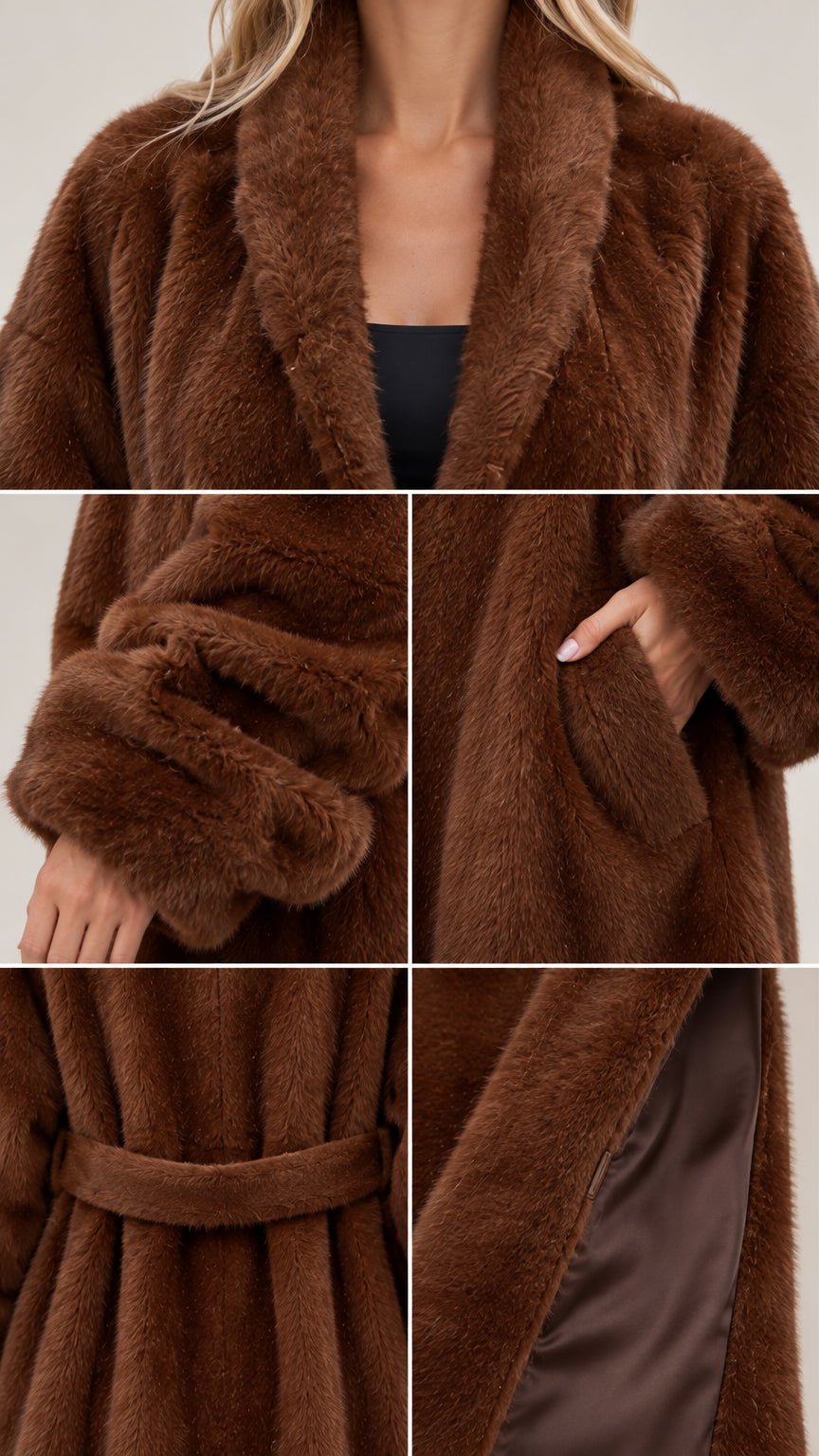 Detailed close-ups of shawl collar, sleeve cuff, side pocket, and inner lining