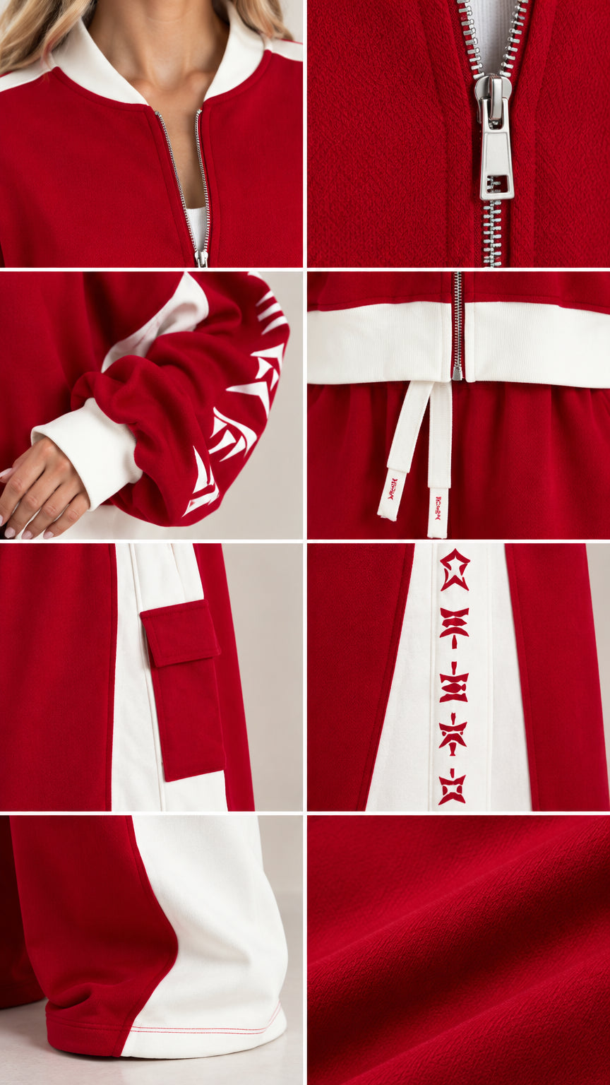 Close-up detail shots showing zipper, drawstring, cuff graphics, and cargo pocket of red tracksuit