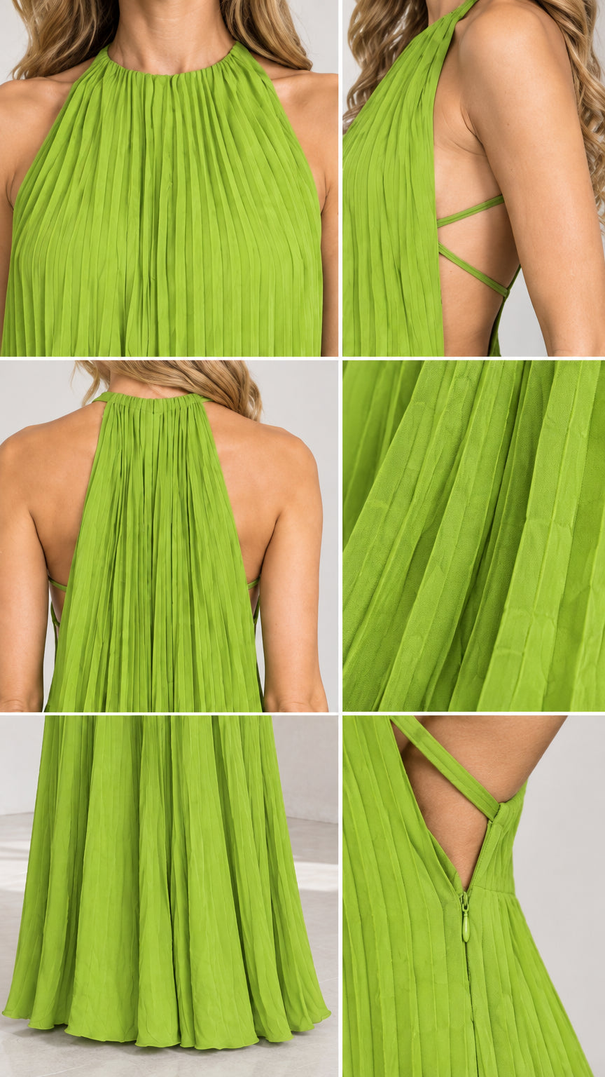 Close-up detail collage of halter neckline, side straps, and pleating on Lime Green maxi dress