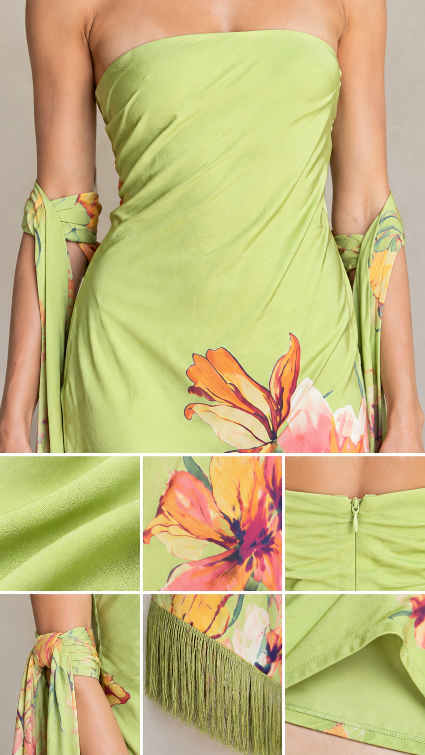 Close-up details of lime green floral dress neckline, fabric, zipper, and fringe
