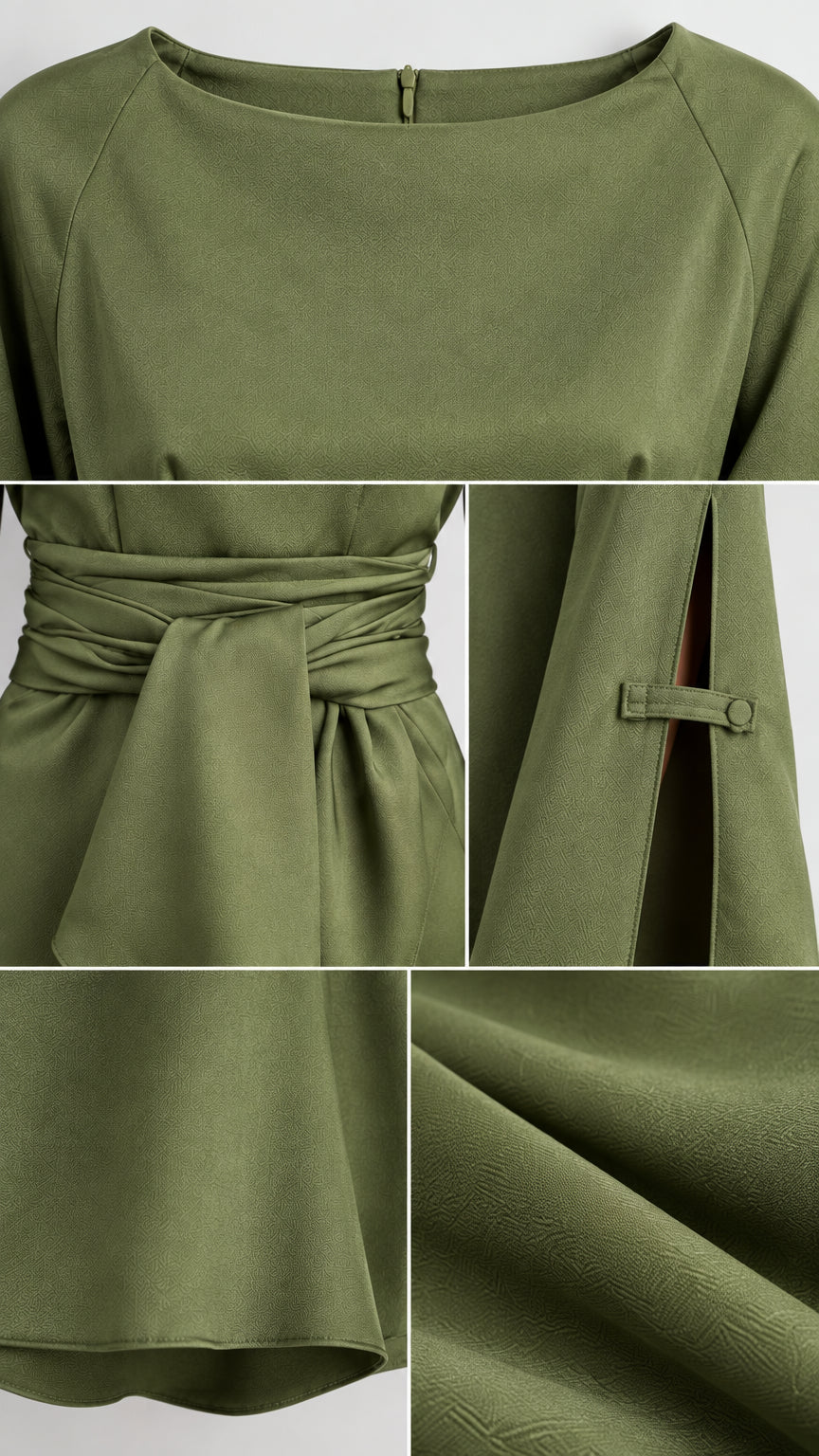 Detailed close-ups of neckline, waist sash, split sleeve tab, and fabric texture