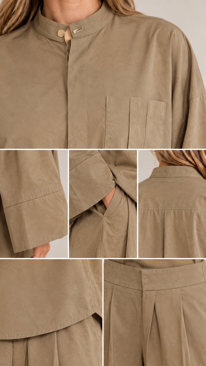 Close-up detail shots showing mandarin collar, pocket, cuff, and pleats of the set