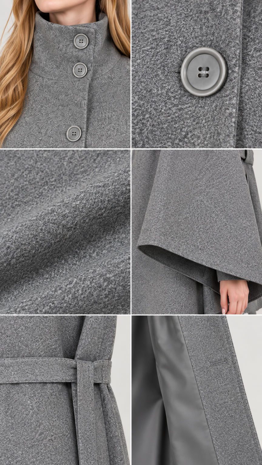 Close-up detail collage showing stand collar, buttons, textured fabric, sleeve hem, belt, and lining