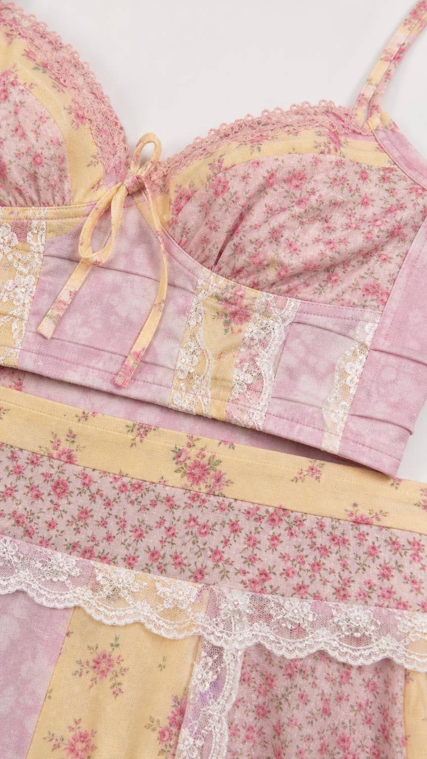 Close-up detail of the pink multi crop top bodice and lace trim