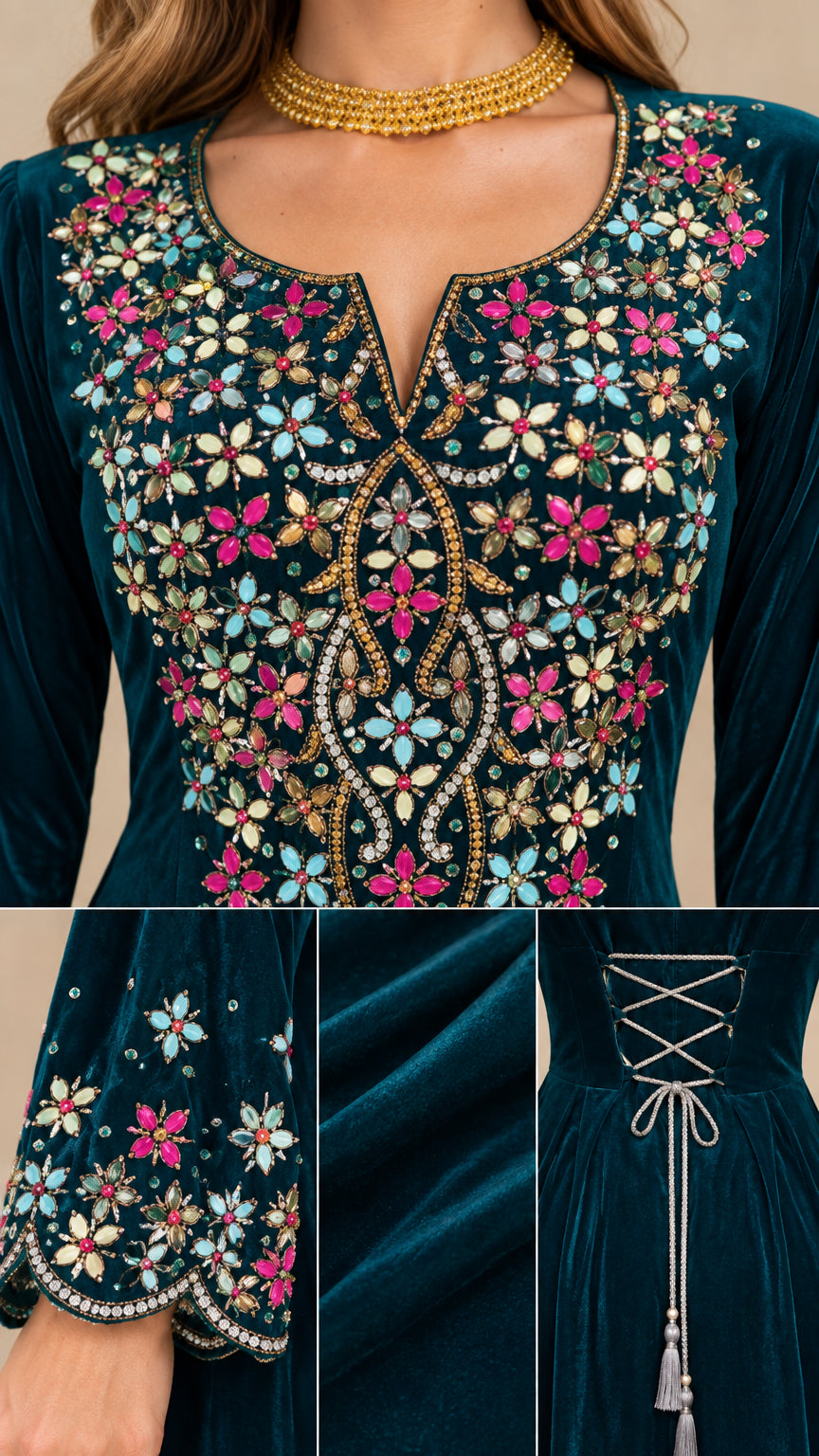 Close-up details of embroidered neckline, scalloped sleeve cuff, and back tie