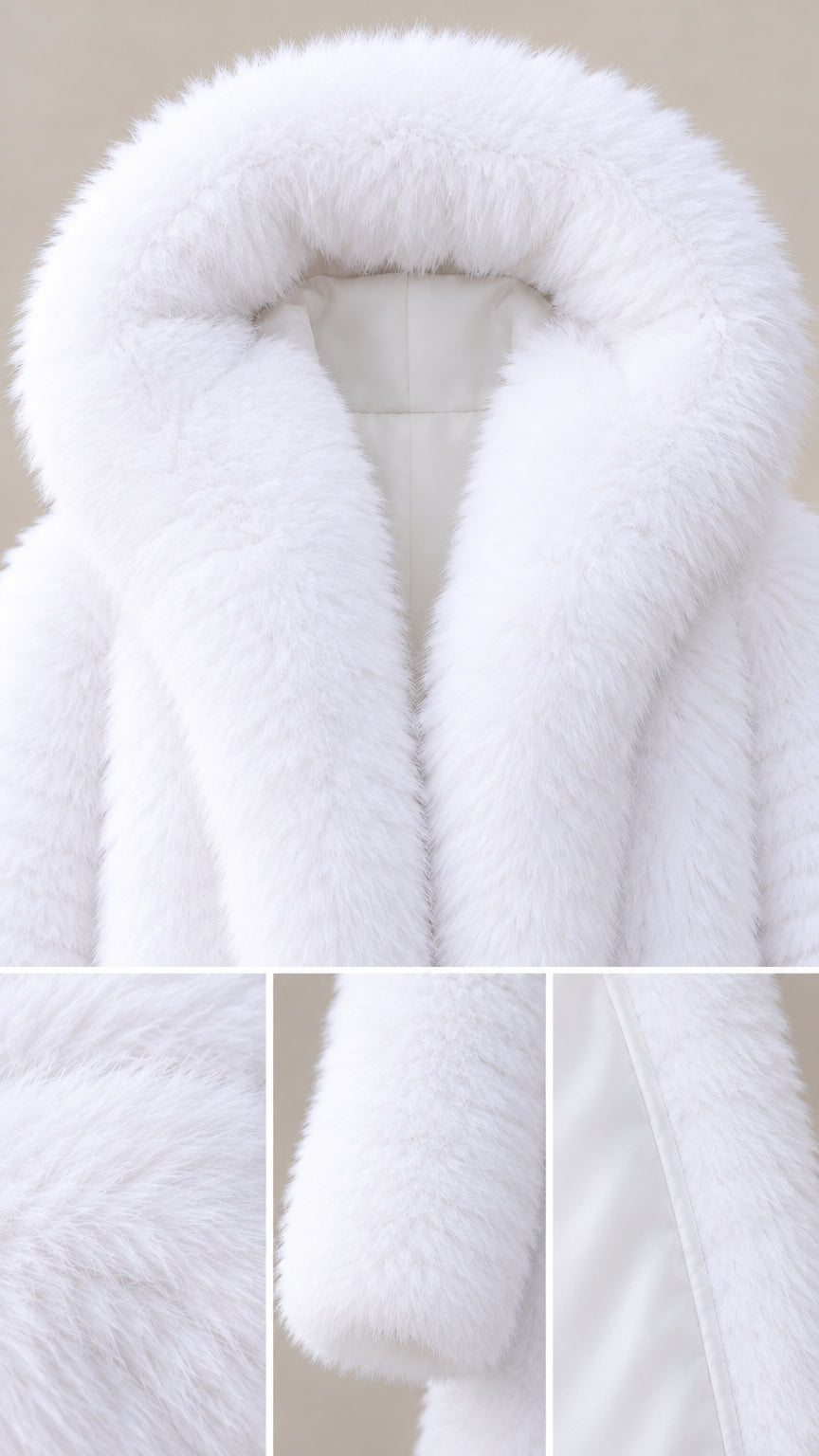 Close-up details of plush white faux fur texture hood and lining