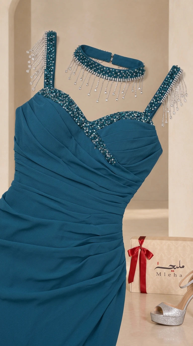 Close-up detail of beaded neckline, fringe straps, and matching choker in teal