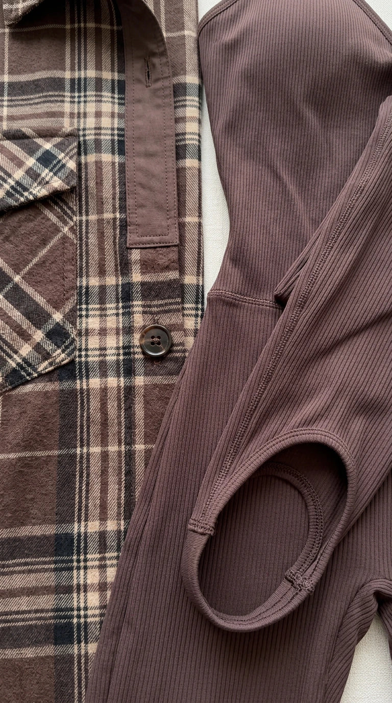 Close-up detail of plaid shirt woven fabric, button placket, and ribbed knit material