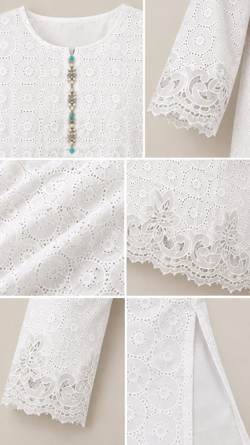 Detailed close-up view of white eyelet cutwork embroidery, button placket, bell sleeve, and lace hem