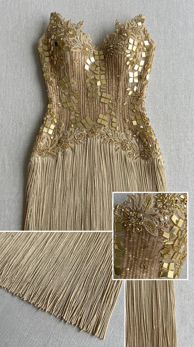 Close-up flat lay of gold sequin bodice and delicate tassel fringe detail