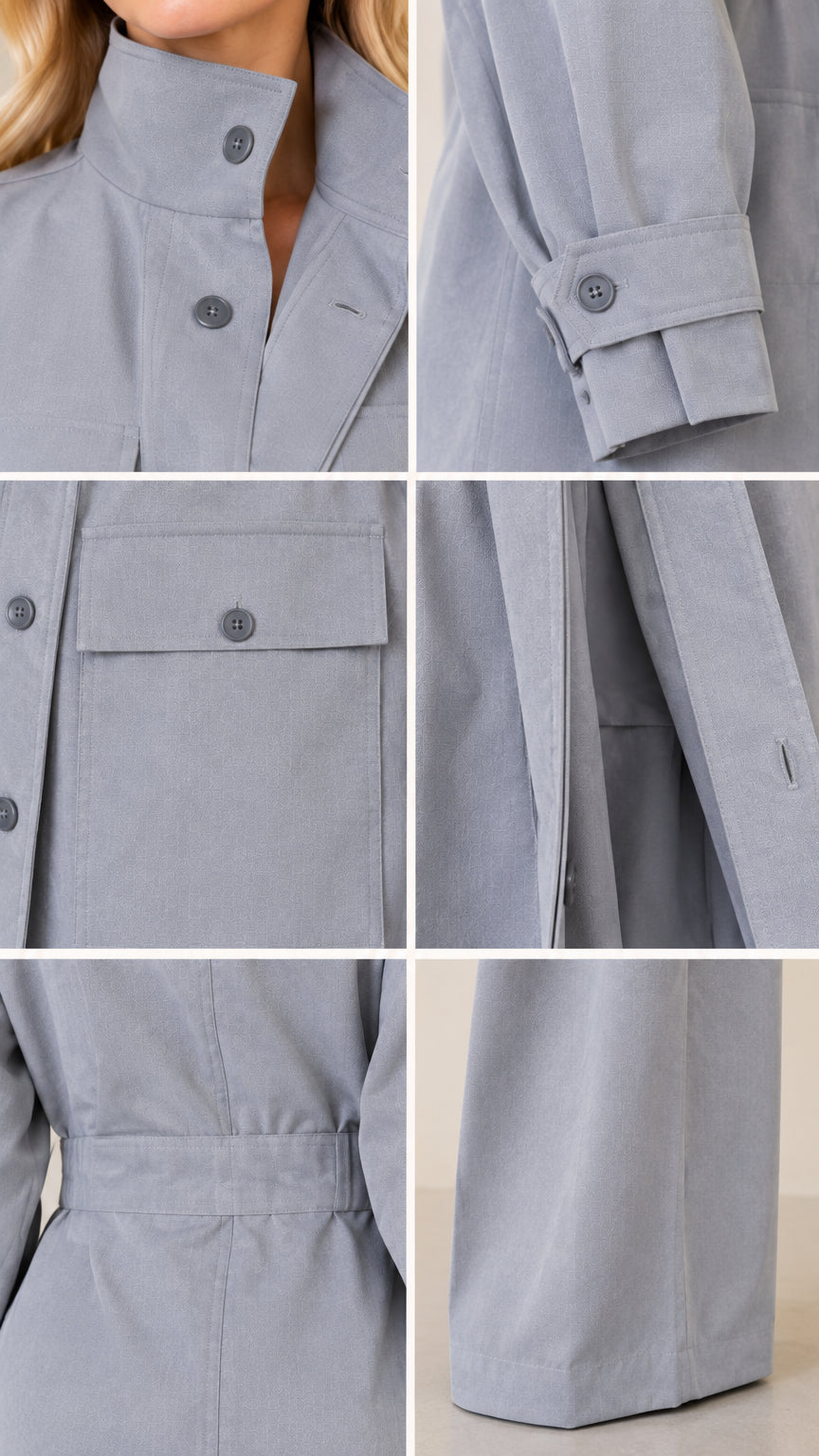 Close-up details of stand collar, flap pockets, and button cuffs
