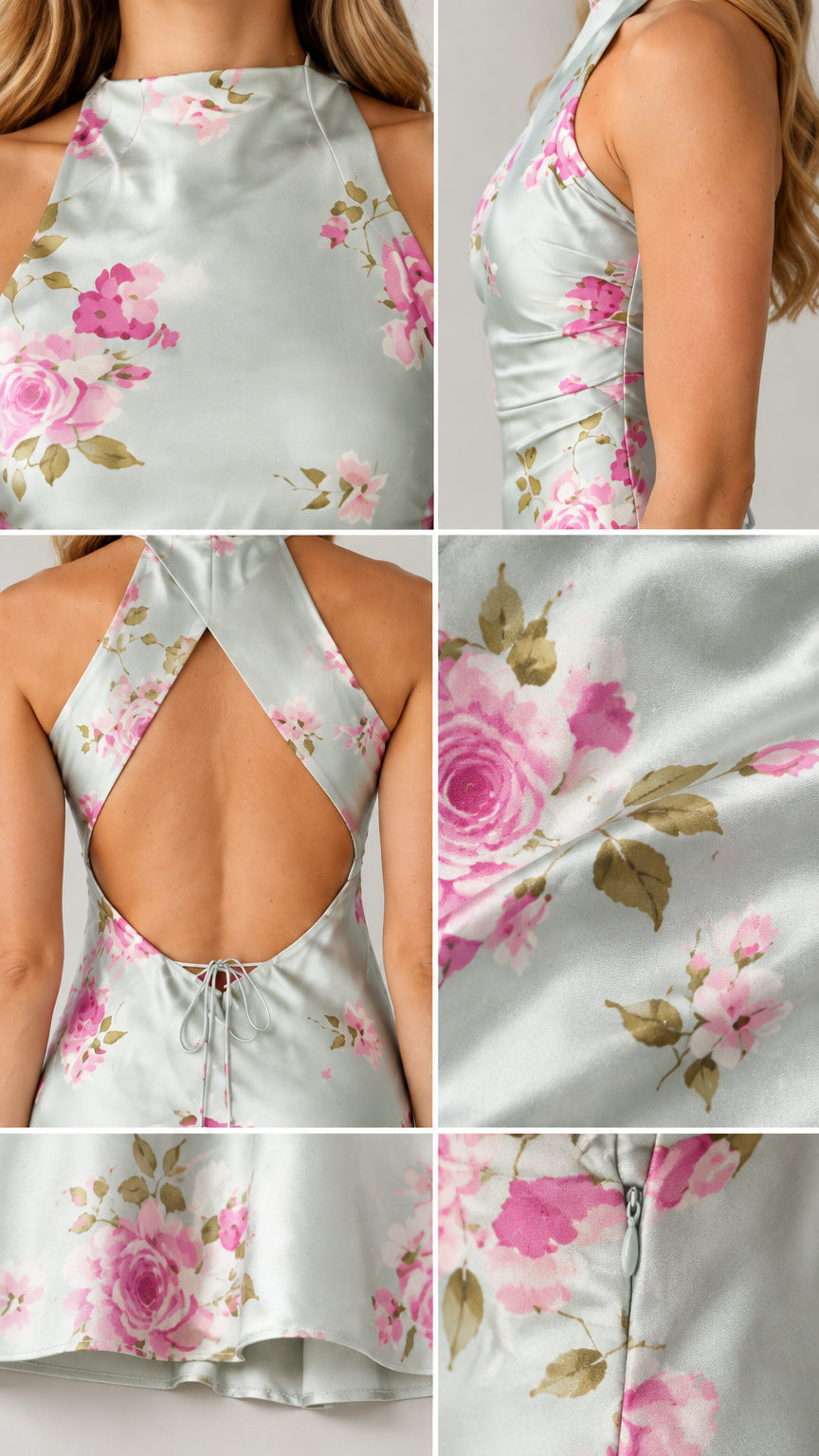 Close-up details of floral satin fabric, halter neckline, and back tie closure