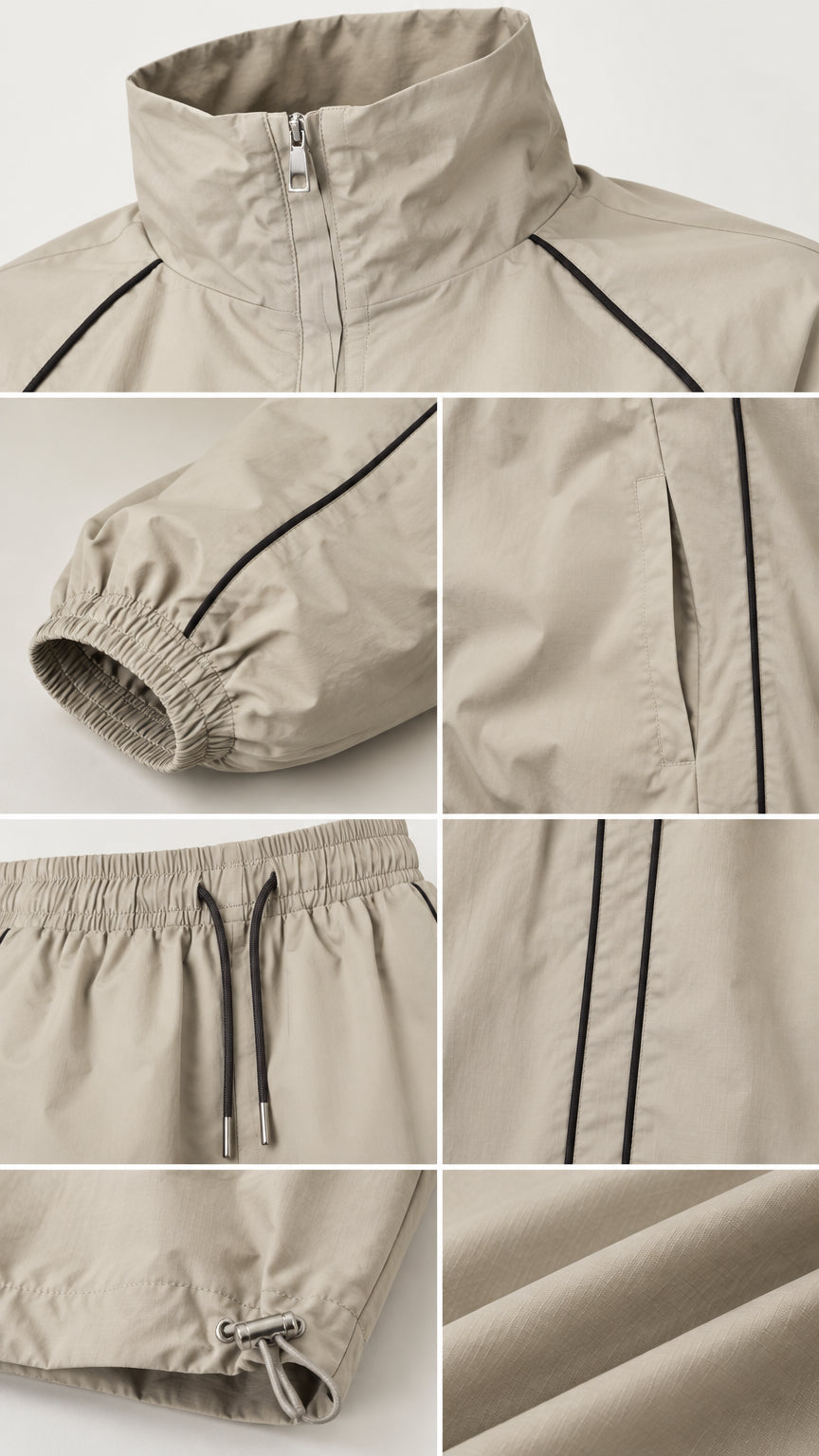 Detailed close-up shots of high collar, zipper, cuffs, waistband, drawstrings, and fabric texture